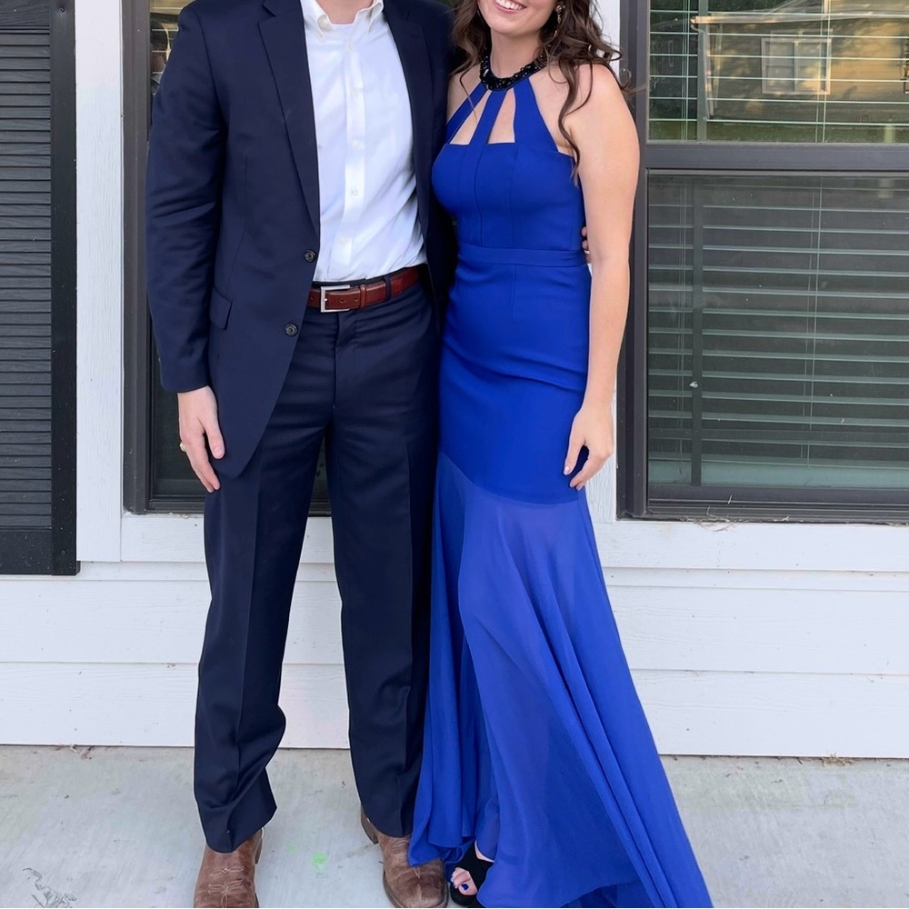 BCBGMaxAzria Blue Asymmetrical Halter Cocktail Dress